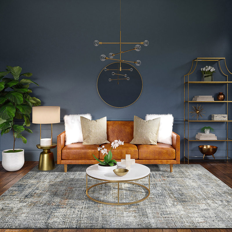 Gray and Orange Rectangular Polyester Area Rug