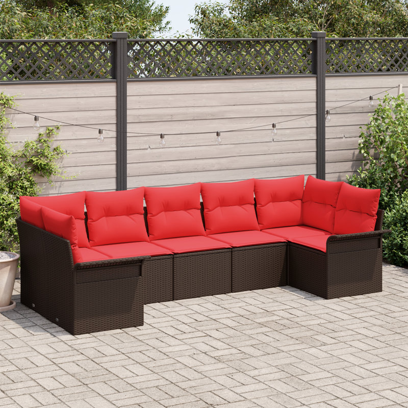 Ensemble de canapé de jardin avec coussin 7 pièces vidaXL, Structure brune / coussin rouge