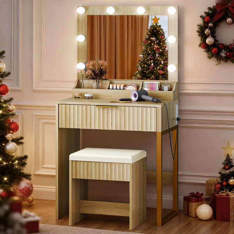 Dressing Table Set - 1 Drawer & 3 Compartments, 8 Dimmable Bulbs, Beige