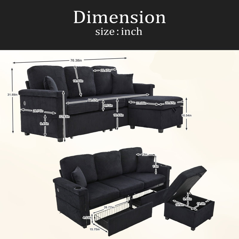 L-Shaped Sectional Sofa With Pull-Out Storage,Ottoman & Pillows 3-Seat With USB Charging,Cup Holder, Convertible Design For Living Room, Apartment, Corduroy Fabric