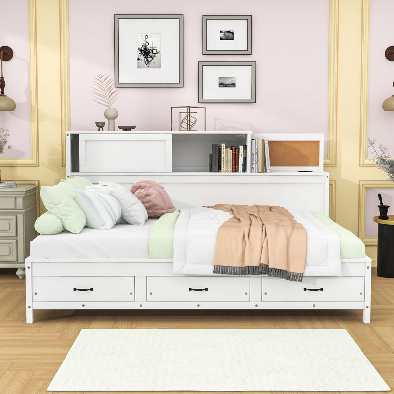 3 Drawers Wooden Daybed with Pushable Shelf, USB & Socket Charging Station, Full, White