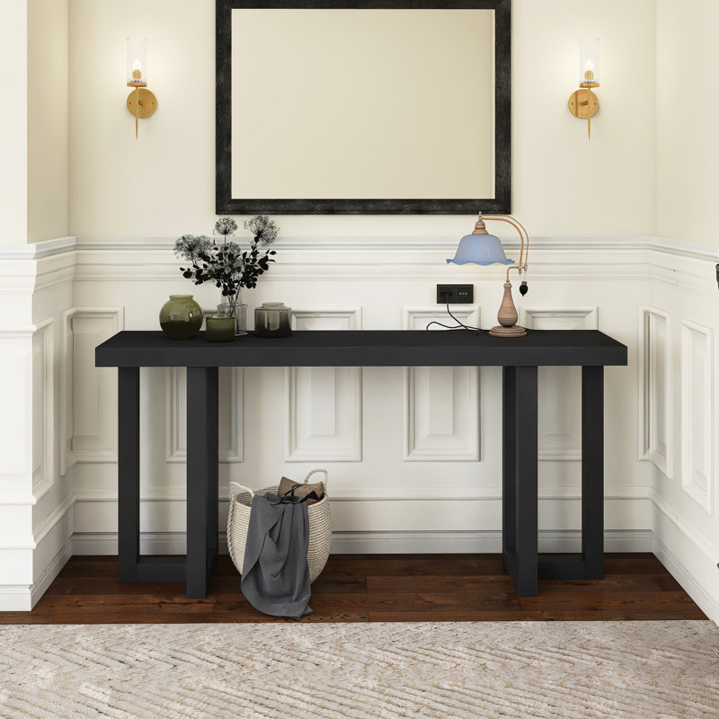 63" Wood Console Table With Solid Pine Legs, Black, Black