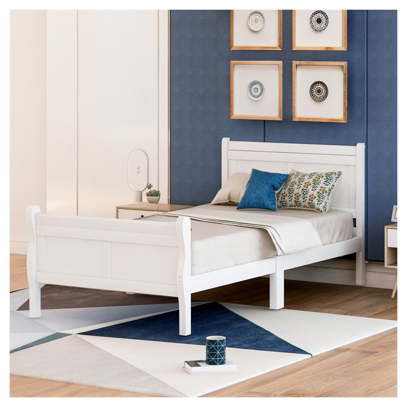 Structure de lit plateforme simple avec tête et pied de lit - sommier de lit-bateau en bois massif, sans sommier, blanc