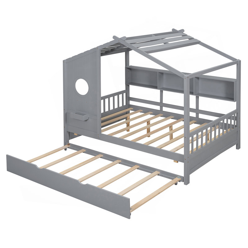 Lit double en bois avec lit gigogne, conception moderne pour enfants avec tablette de rangement, Lit double, Gris