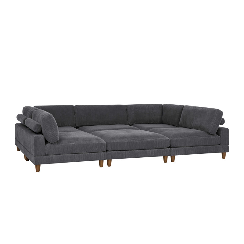 Canapé modulaire à large assise en velours côtelé, Velours côtelé gris foncé, H 34 po x l 178 po x P 89 po