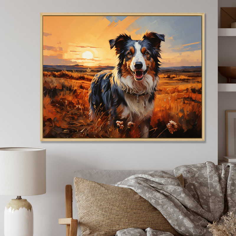 Border collie marchant sous Golden Horizon - impression, Cadre naturel flottant, H 12 po x l 20 po x P 1 po