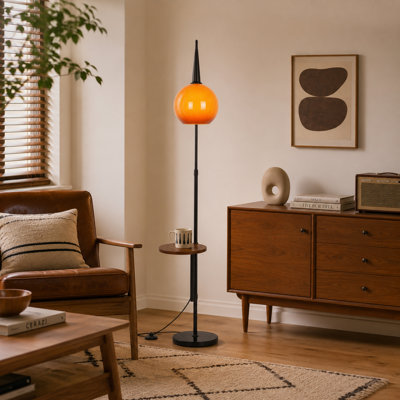 Lampe sur pied ajustable Mid-Century avec table d'appoint et abat-jour en verre orange