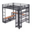 Lit mezzanine double en métal avec rangement en fer et tablettes en bois aggloméré et garde-robe ouverte, noir