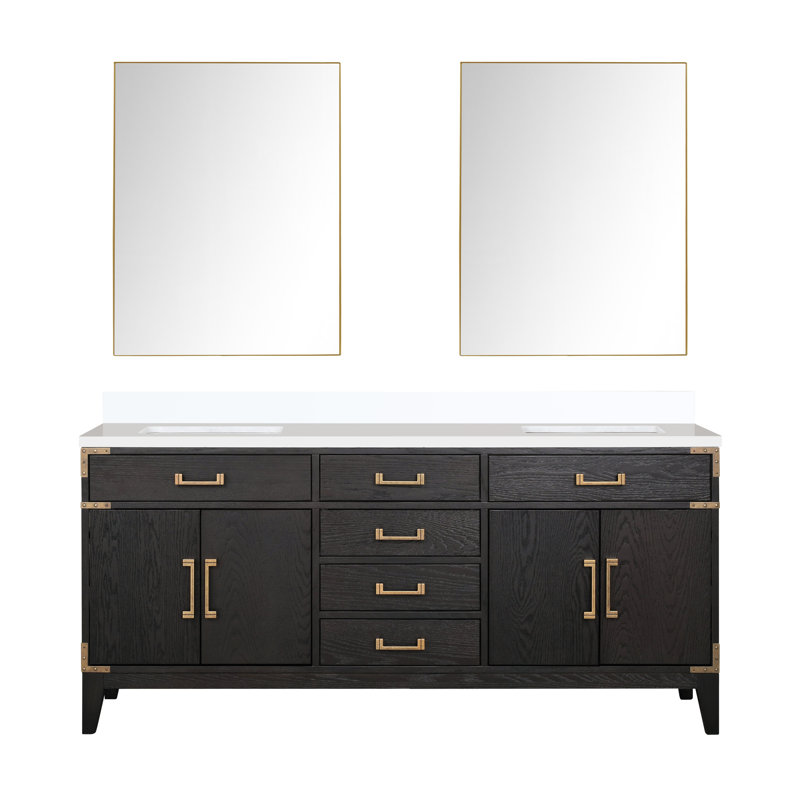 Meuble-lavabo double l 72 po x P 22 po avec miroirs Laurel, Chêne noir, Quartz blanc