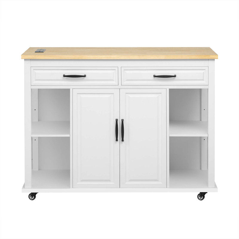 Îlot de cuisine polyvalent avec table de salle à manger extensible, supports de rangement internes, prises de courant intégrées, tablettes réglables et options de mobilité double.
