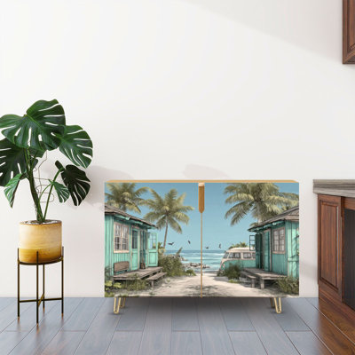 Sideboard Buffet Cabinet with Storage Ocean Beach Coastal Seascape Mint Green Tropical Turquoise Palm Tree with 2 Doors for Living Room and Kitchen