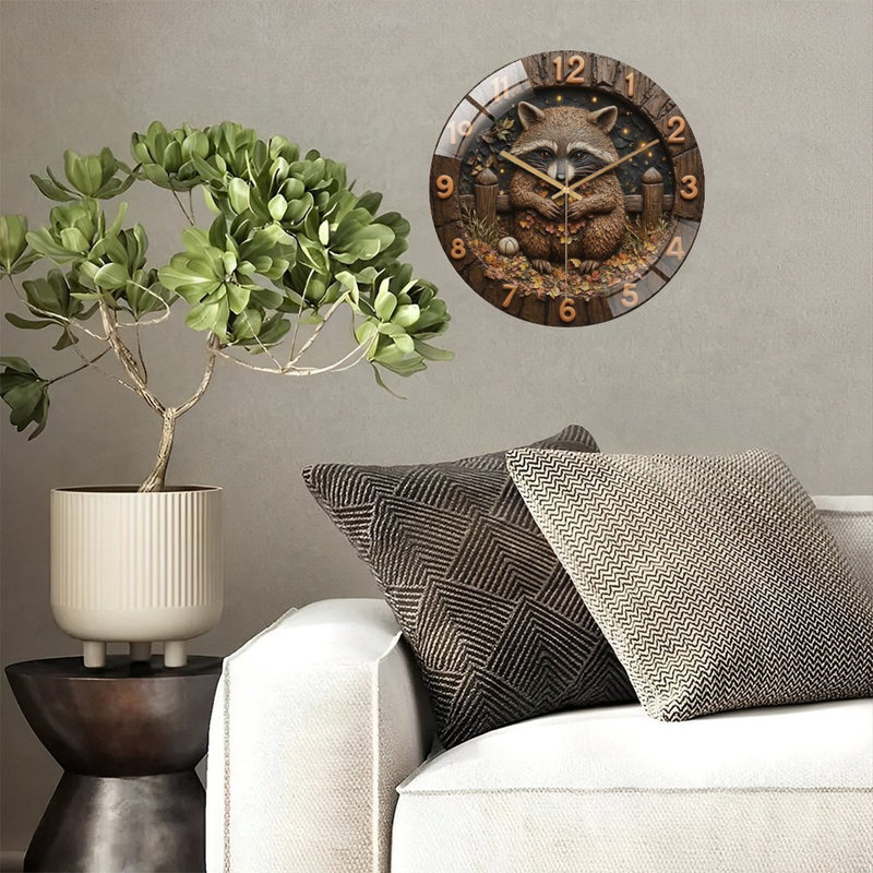 Horloge murale en verre avec raton laveur et feuilles - 12 po