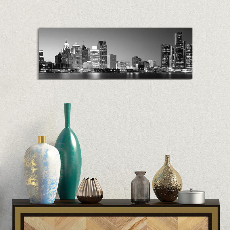 City At The Waterfront, Lake Erie, Detroit, Wayne County, Michigan, USA - Wrapped Canvas Panoramic Print