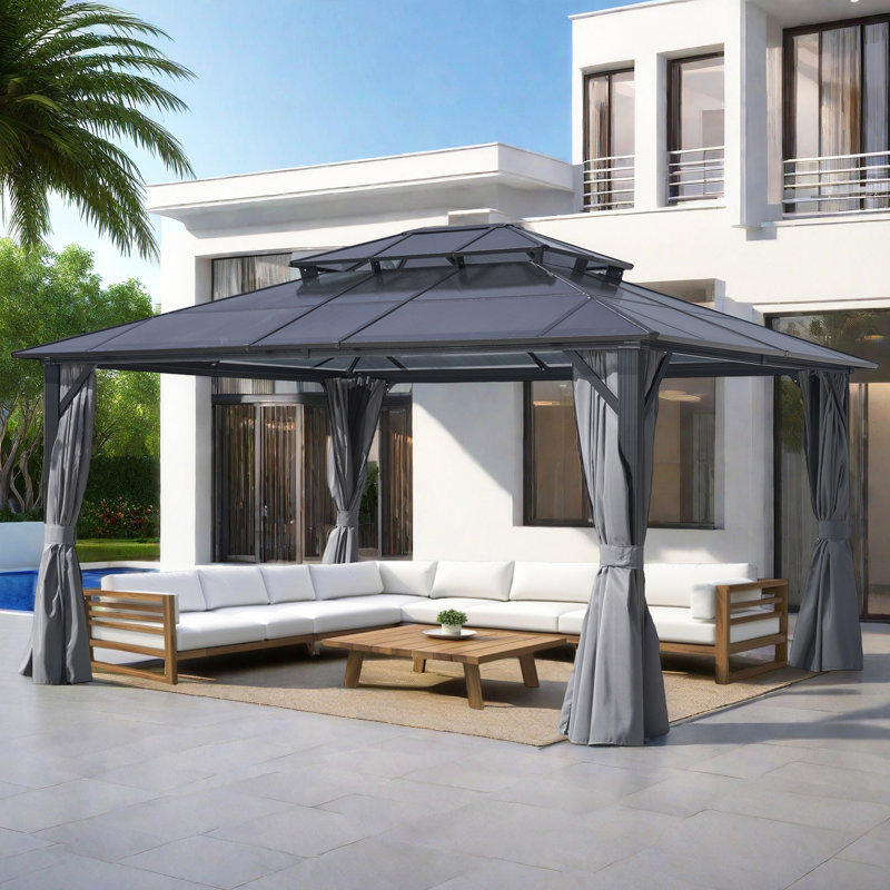 Pavillon de jardin en aluminium à toit double avec toit rigide et moustiquaire, H 189,37 po x l 142,1 po x P 110,23 po, Gris