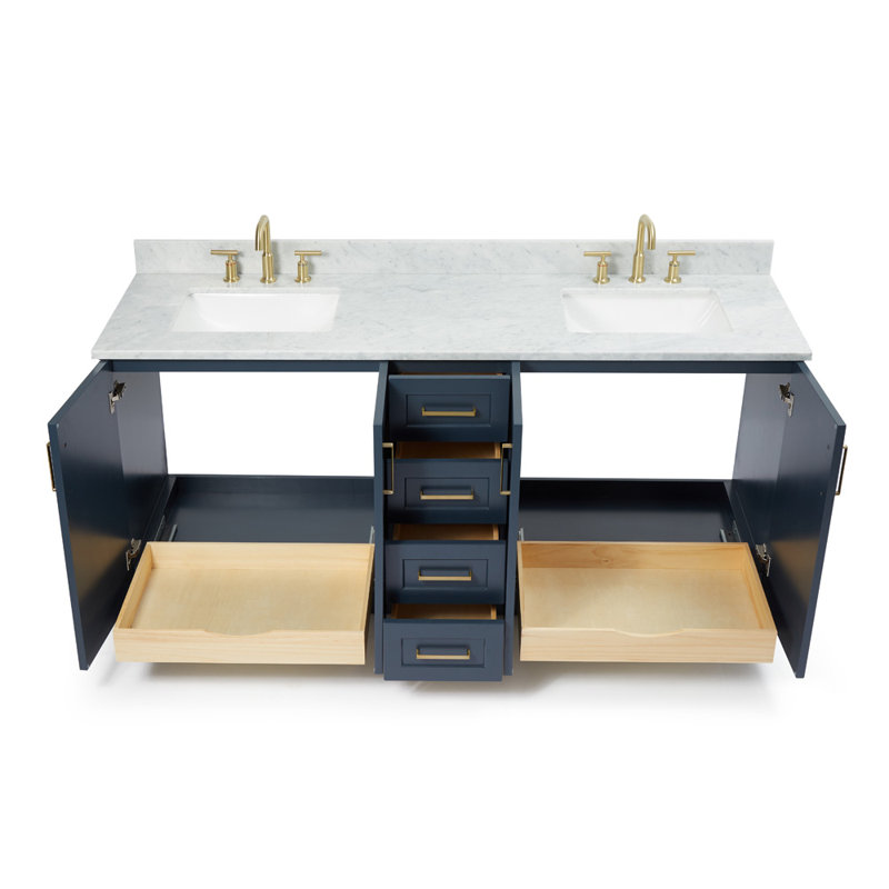 Freitas 73'' Solid Wood Double Bathroom Vanity in Midnight Blue with 0.75'' Carrara Marble Top, Center, Rectangle Sink, 73"