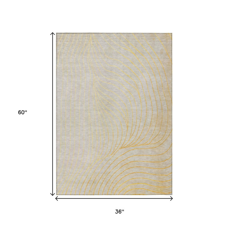 3' X 5' Gold And Silver Abstract Washable Indoor Outdoor Area Rug