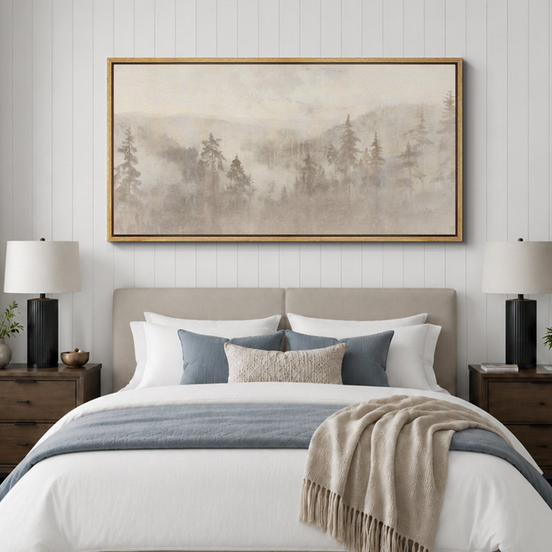 «Woodland Forest Landscape Misty Forest Soft Neutral Landscape Illustration Modern Large Large Canvas Art, art mural»