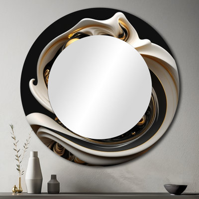 Sobaan Liquid White Stained Glass V - Abstract Spirals Large Mirror, Gold Round Decorative Wall Mirror, Printed Metal Art