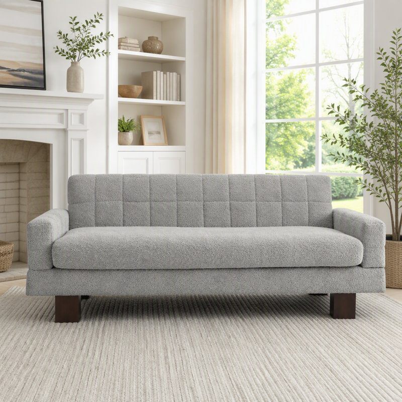 Causeuse moderne avec dossier capitonné et accoudoirs carrés, Boucle gris clair et bleu