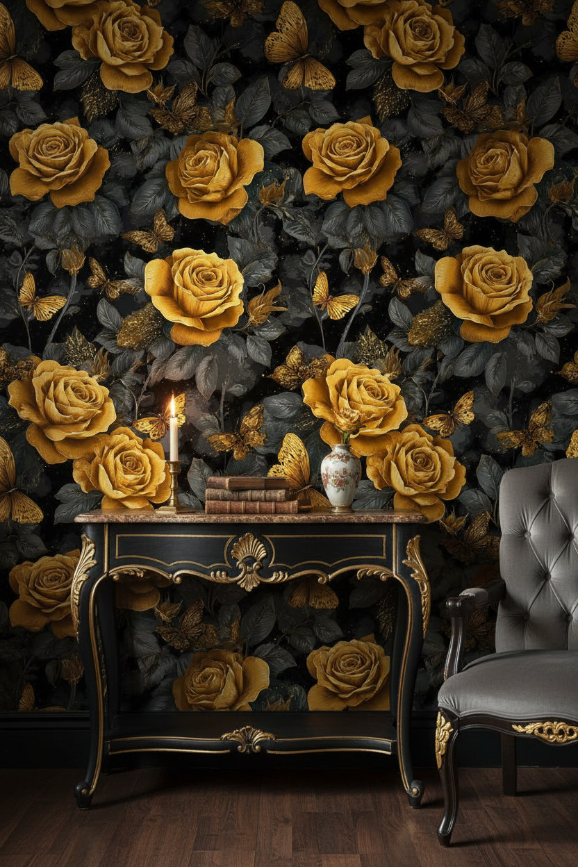 Lark Manor™ Floral Wallpaper Gold Mural Roses Wall Decor | Wayfair