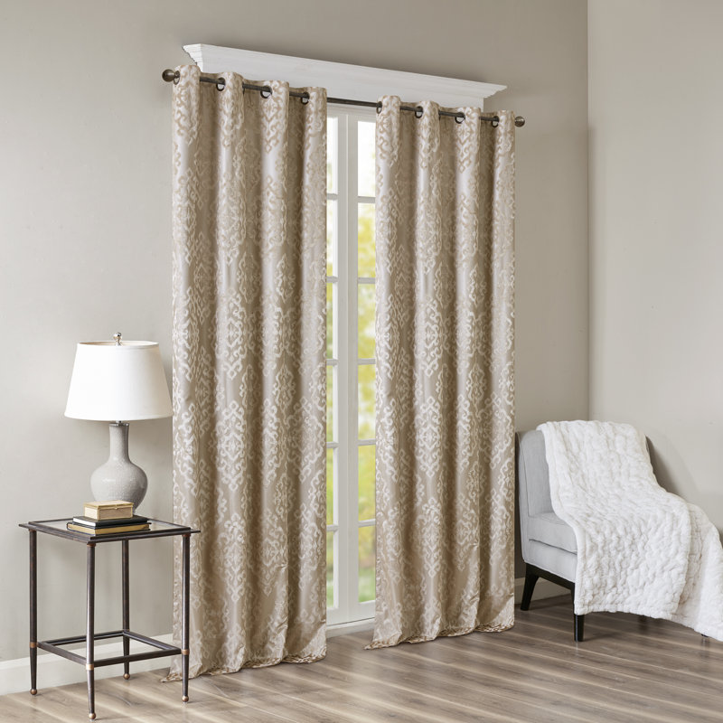 Champagne Jacquard Damask Blackout Grommet Top Drapes, 50 x 108 in