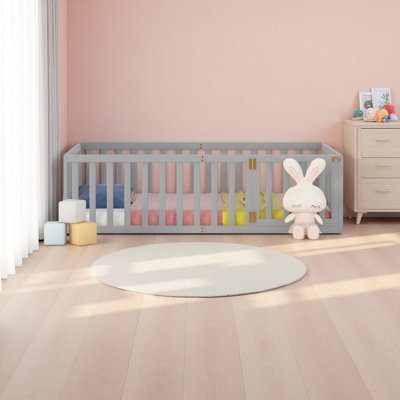 Twin Size Wood Floor Bed Frame With Fence And Door,