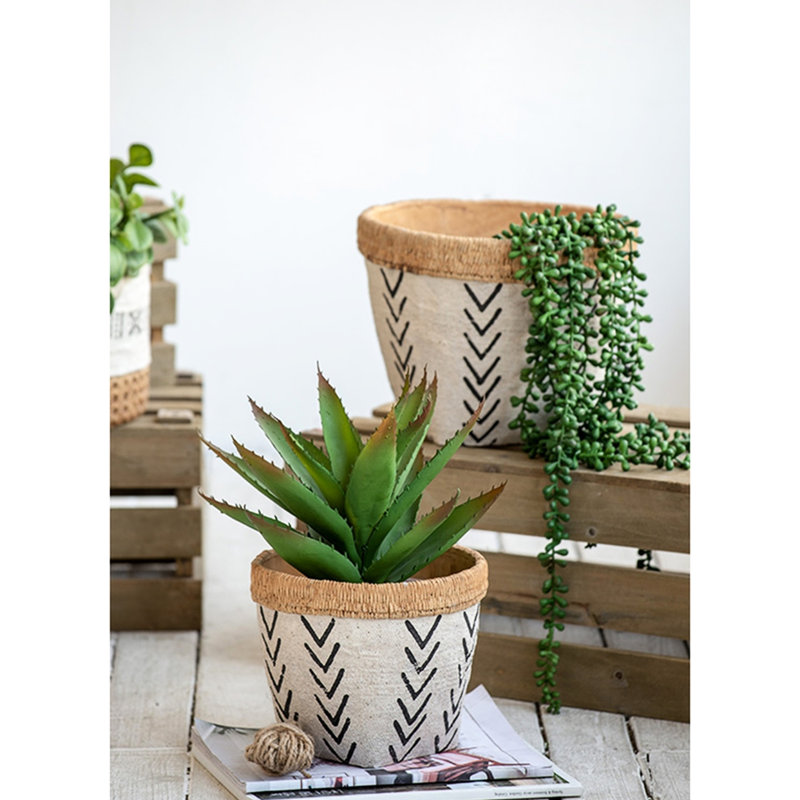 Pair Of White And Brown Cement Planters Featuring A Bold Black V Pattern, Large 10.2X10.2X7.9 Inches, Small 7.9X7.9X6.7 Inches - Great For Scandinavian Floral Setups 2 Made With Design, In, In