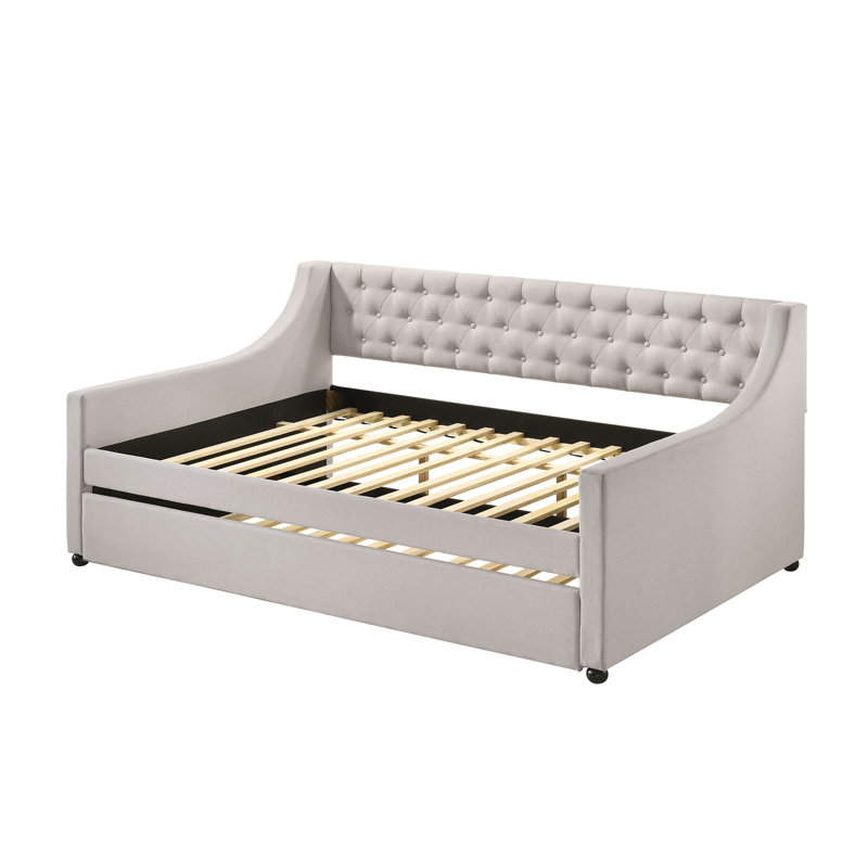 Elanah Upholstered Daybed with Trundle, Botton Tufted Design Bed, Beige, Twin