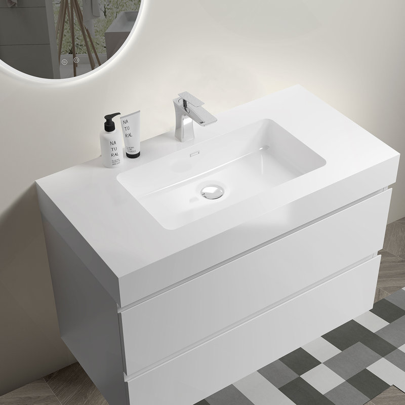 Meuble-lavabo mural flottant avec lavabo et rangement, Blanc, Blanc, 36"