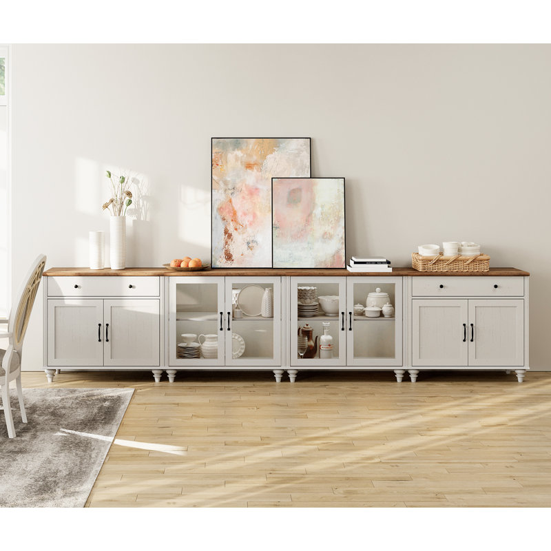 Charlton Home® Sideboard Cabinet With 2 Drawers, 4 Glass Doors And 4 Wood Doors, Vintage Wood Grain Design, Buffet Cabinet With Storage, Coffee Bar For Dinning Room, Kitchen, And Living Room