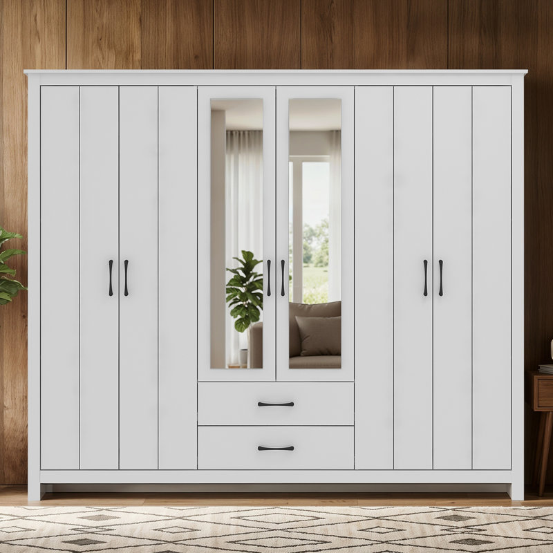 Limestone 6 Door 2 Drawer Wardrobe with Mirror, White