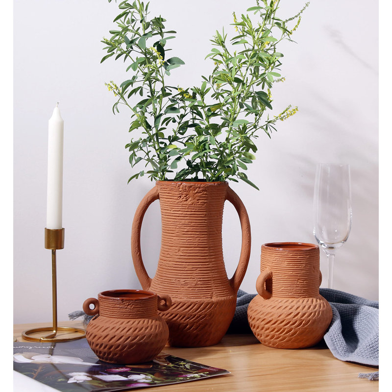 Ensembles de vases en terre cuite, décor de ferme, vase en céramique pour fleurs, vases de décoration rustique à large ouverture pour fleurs, salon, table, tablette et accessoires (3)