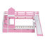 Lit superposé simple au-dessus d'un lit simple de style château de 106,3 x 76,6 x 72,8 pouces en bois de pin massif rose avec 2 tiroirs et 3 tablettes