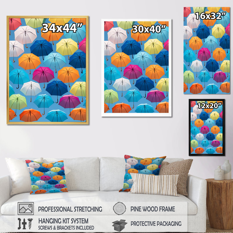 «Rainbow Umbrellas Collage II», reproduction sur toile, Cadre photo noir simple, H 32 po x l 24 po x P 1 po