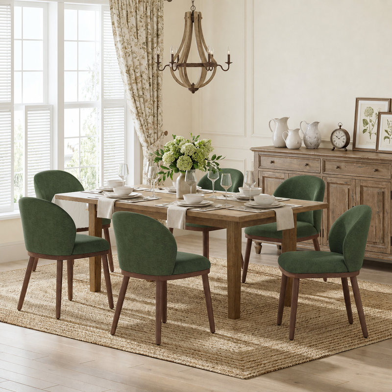 Chaises de salle à manger rembourrées avec dossier courbé et pieds en bois massif, 6, Green