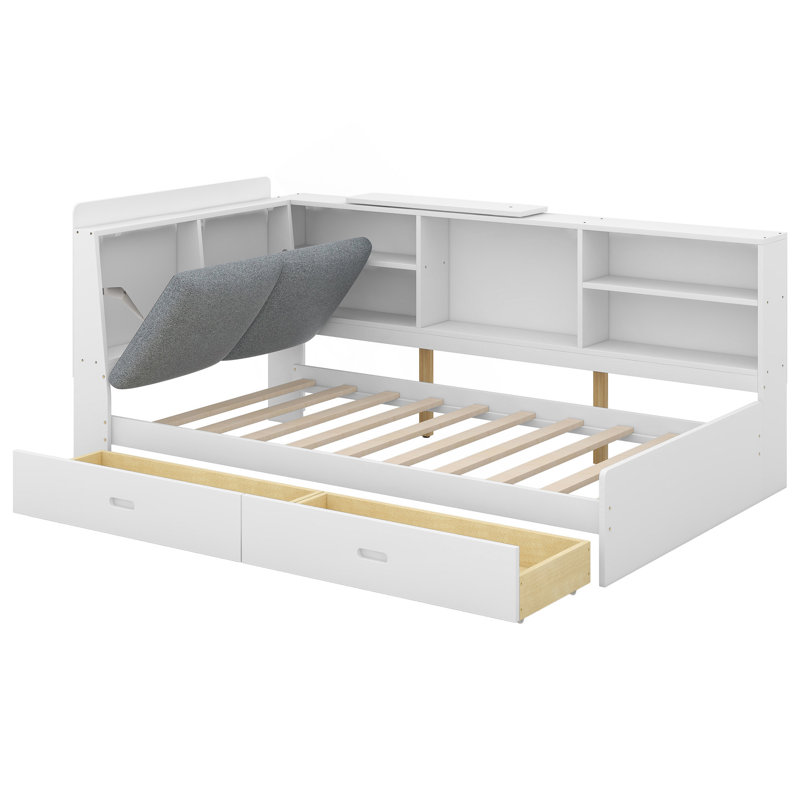 Lit plateforme en bois avec tête de lit, tablettes et 2 tiroirs pour une meilleure organisation, Blanc