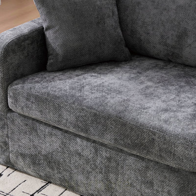 Fauteuil d'appoint moderne de style campagnard, capitonné, de 111,5 cm de large, avec pieds en métal noir, fauteuil de lecture en chenille, canapé une place avec deux coussins cylindriques pour salon, bureau et coin détente, couleur anthracite.
