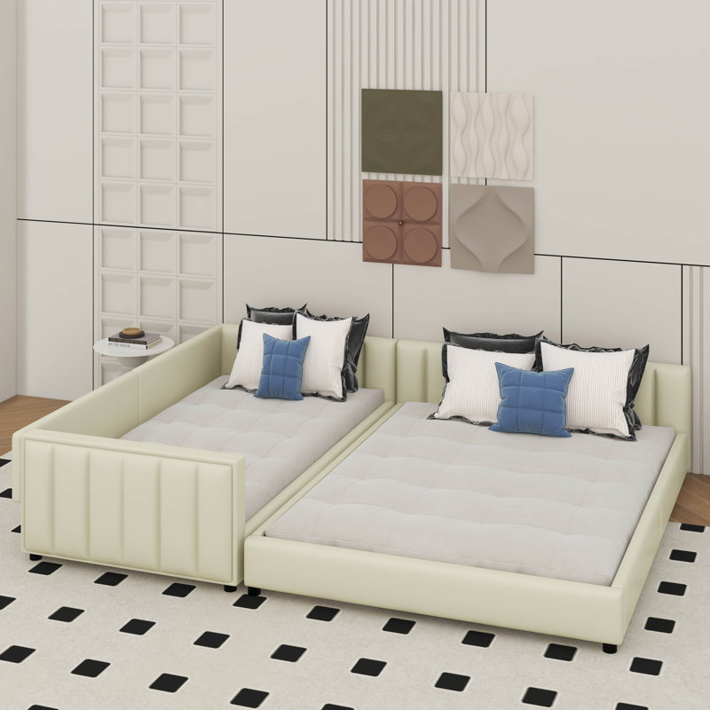 Lit plateforme tapissier grand et simple TG, lit mère et enfant, similicuir, Beige