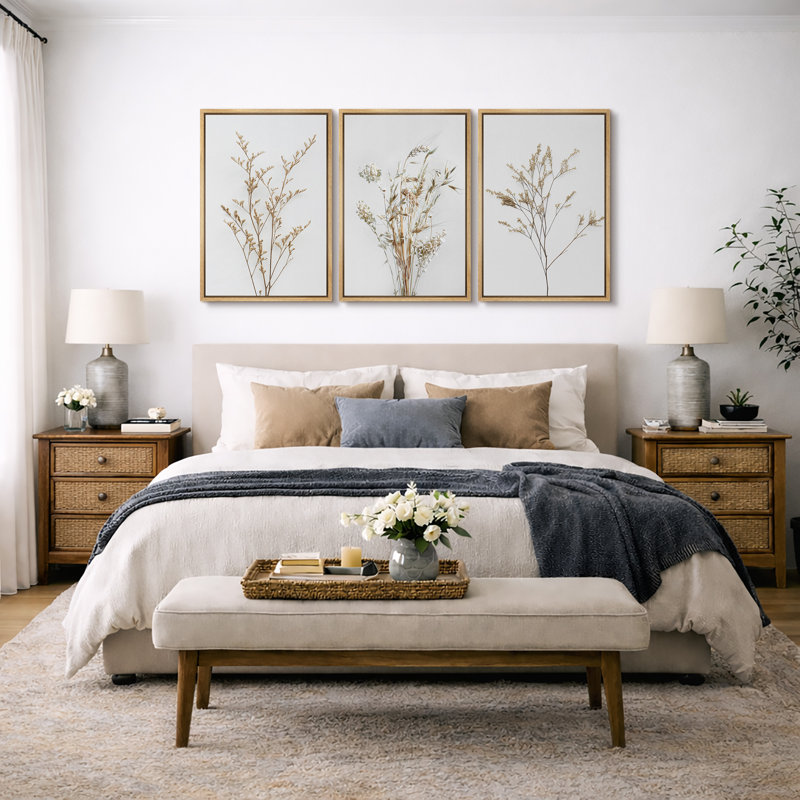 Minimal Botanical "Neutral Wildflowers Floral Artwork, Simple Organic Modern Wall Pictures, Large Framed Canvas Giclee Print 3 Pieces Wall Art Set"   16x24x3 pcs, 24x36x3 pcs