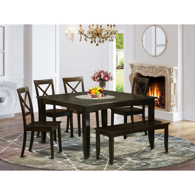 6 Piece Dining Table Set Contains a Square Dining Room Table with Butterfly Leaf and 4 Wooden Seat Chairs with a Bench, 54x54 Inch, Cappuccino