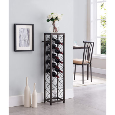 Tall Freestanding Wine Rack Tower, 13 Bottle Metal Wine Storage Holder with Glass Top for Kitchen, Dining Room or Home Bar