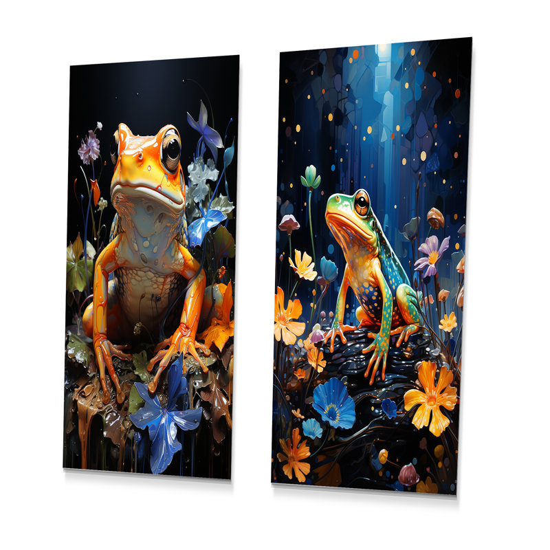 Orange grenouille sur verre - ensemble de 2 reproductions de grenouilles et crapauds, H 32 po x l 32 po