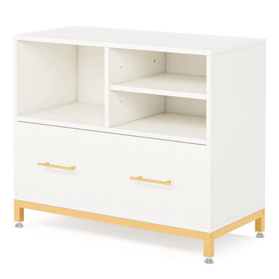Practical And Stylish File Cabinet With Adjustable Hanging Rod, 3 Open Spaces, Shelf, E1 Gold Metal, 35.06 Inches Deep, 16.04 Wide, 30.16 High Drawer, Shelving, Large Top For Display, Made Of Depth,