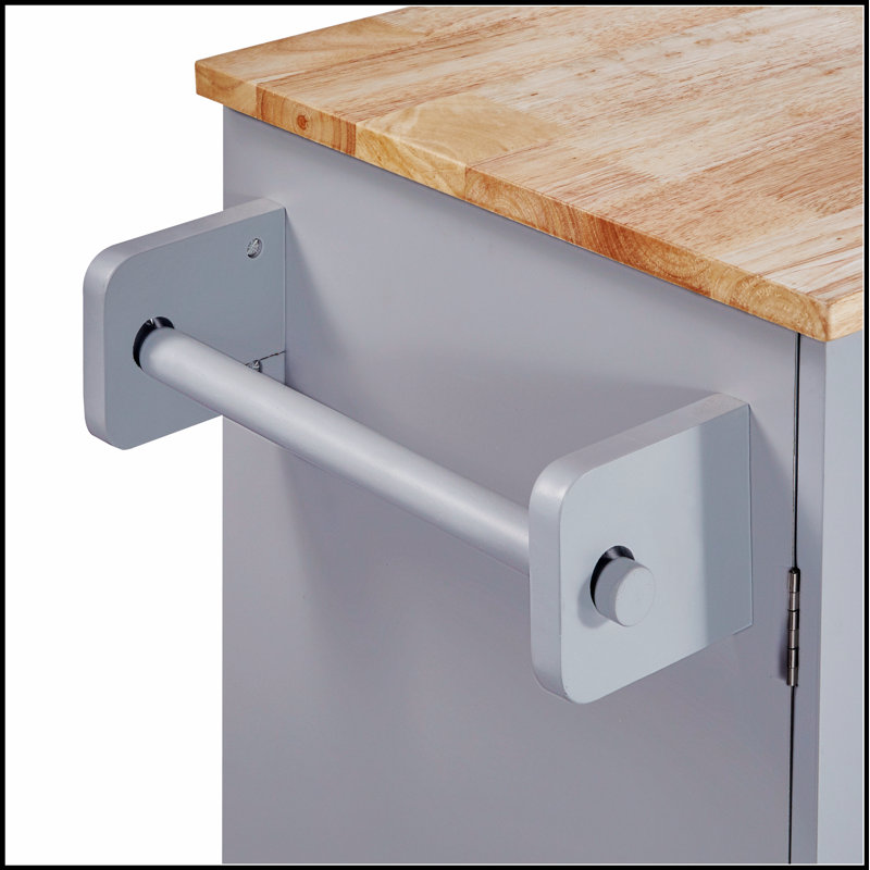 Îlot de cuisine roulant avec rangement, plateau en bois d'hévéa et supports à épices pour les cuisines modernes, Gris