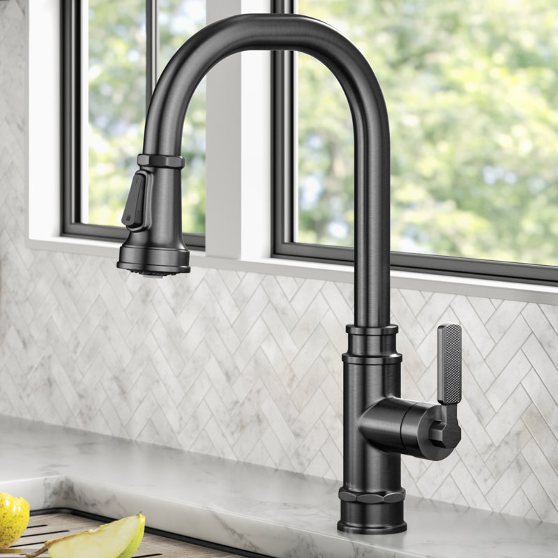 Allyn Transitional Industrial Pull-Down Single Handle Kitchen Faucet, Spot-Free Black Stainless Steel