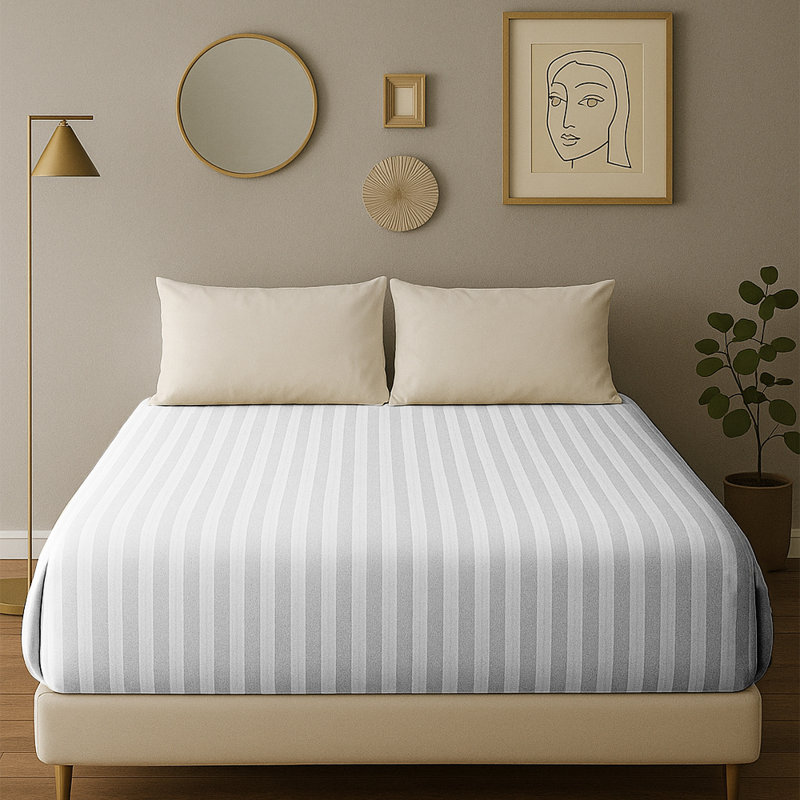 40cm Deep Pocket Microfiber Stripe Fitted Sheet, White, Double (4'6)