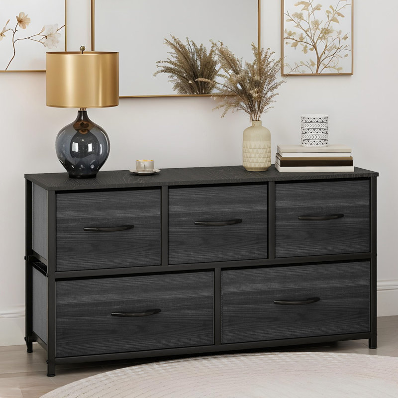 Kathiria 39.4"W 5 Drawer Small Dresser, Black Wood