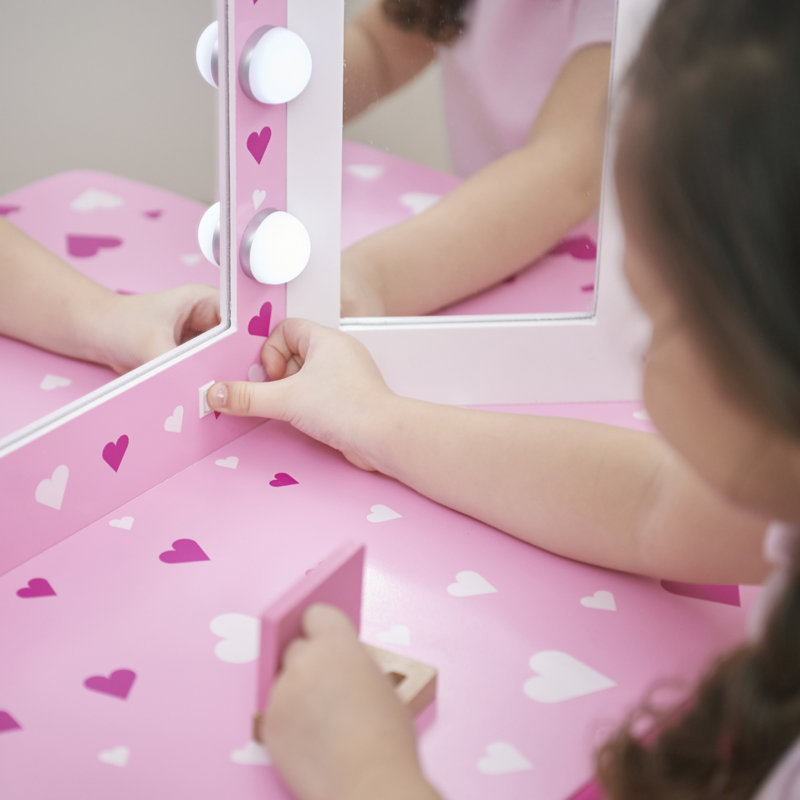 Teamson Kids Sweethearts Kids Play Vanity Table & Stool w/ LED, White & Pink