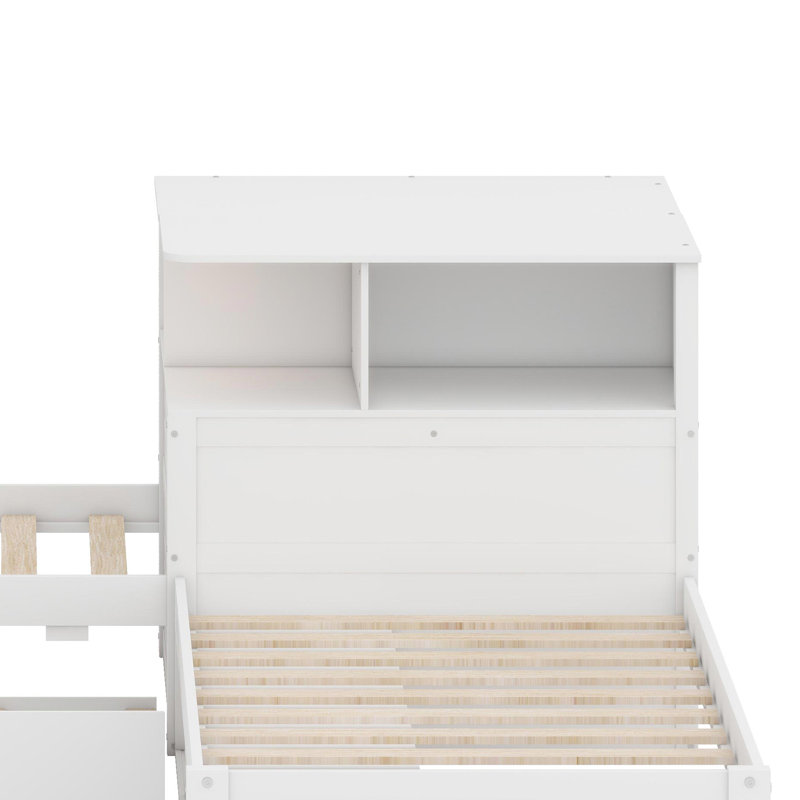 Structure de lit multifonctionnelle en forme de L avec unités de rangement, espace de travail, lit gigogne escamotable et lumières DEL ambiantes