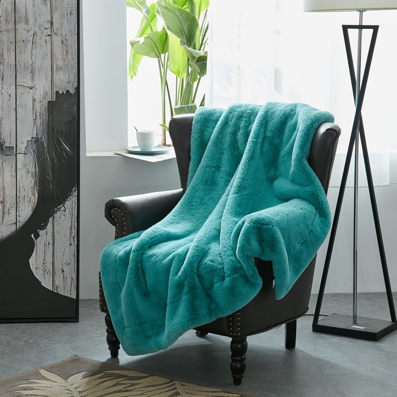 Jeté lourd en fausse fourrure, Bleu turquoise, L 50 po x L 60 po